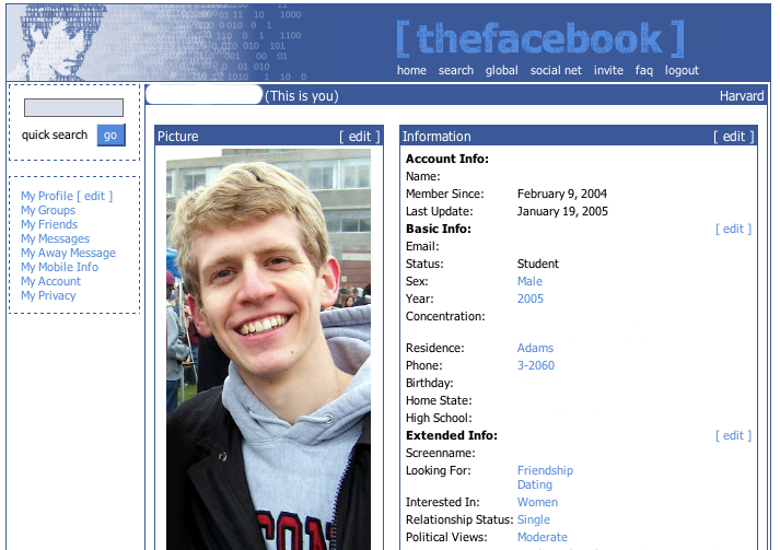 Facebook Profile, early 2005